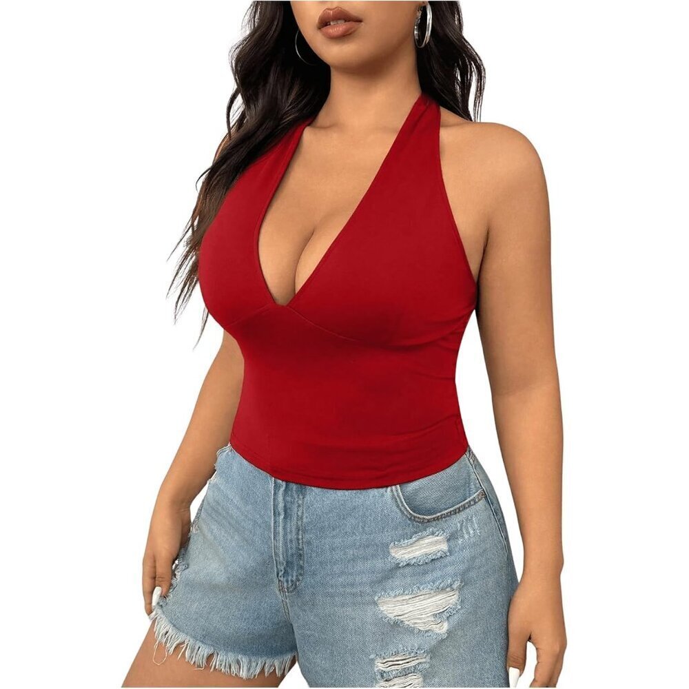 Plus Size Women's Tank Top Halter Deep V Neck Backless Sleeveless Crop